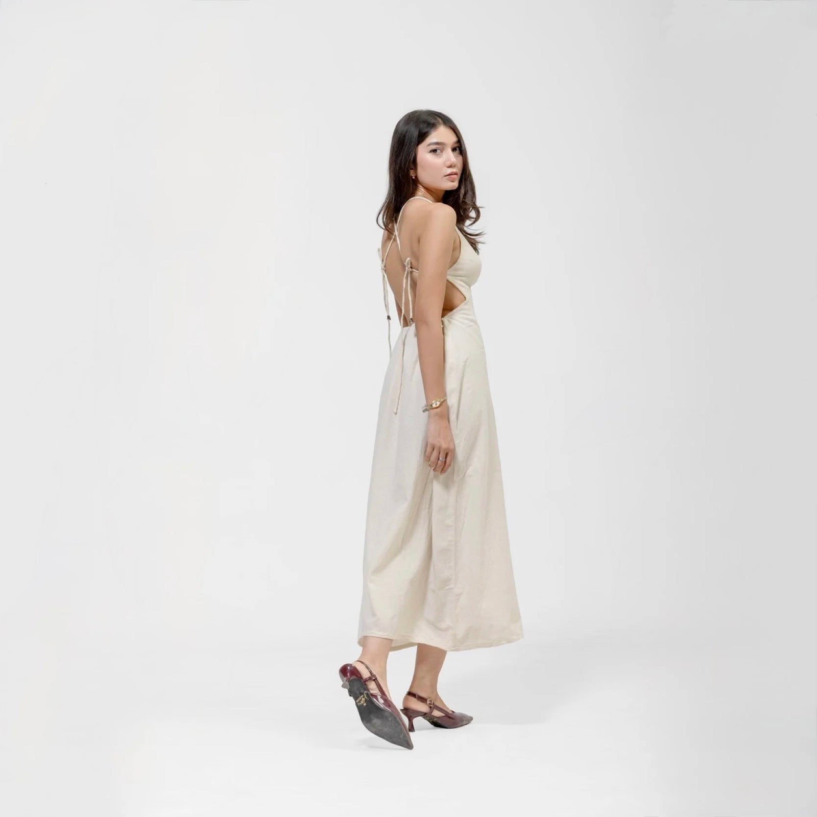 BEIGE OPEN-BACK MIDI DRESS – Women's Dresses | QISSEY