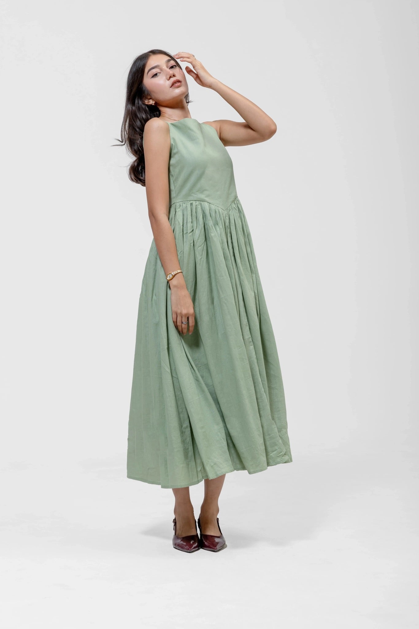 GATHERED WAIST MIDI – Side View | QISSEY Women's Dresses