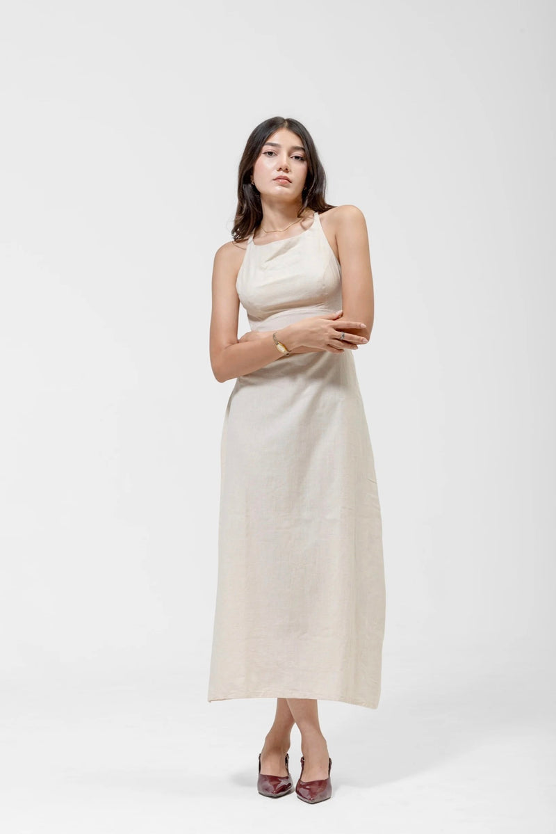 BEIGE OPEN-BACK MIDI DRESS