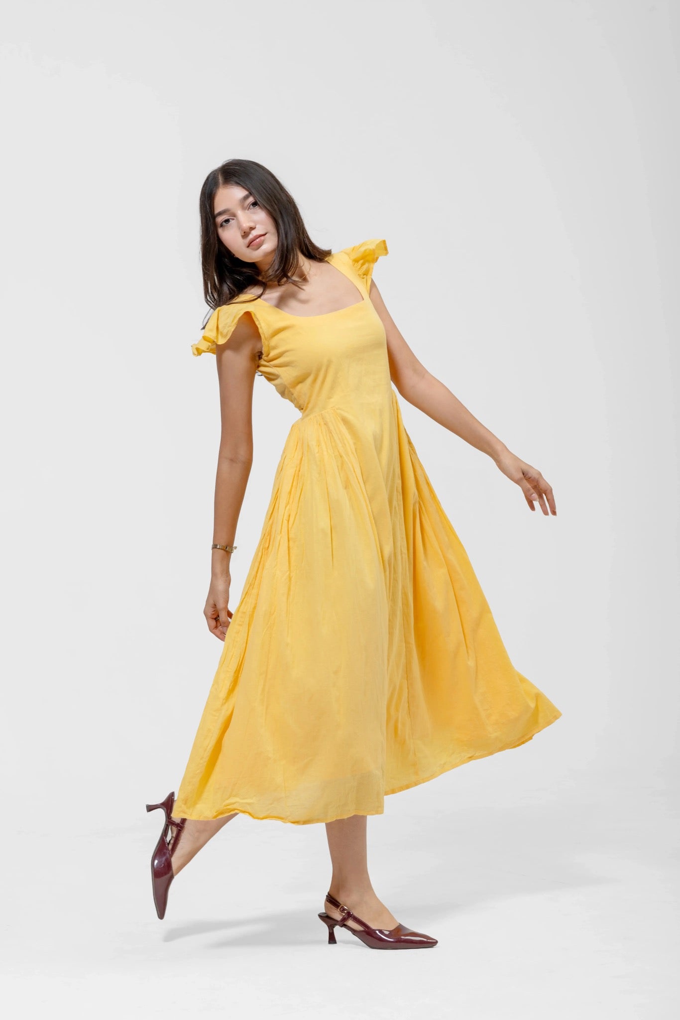 RUFFLED SQUARE MIDI – Side View | QISSEY Women's Dresses