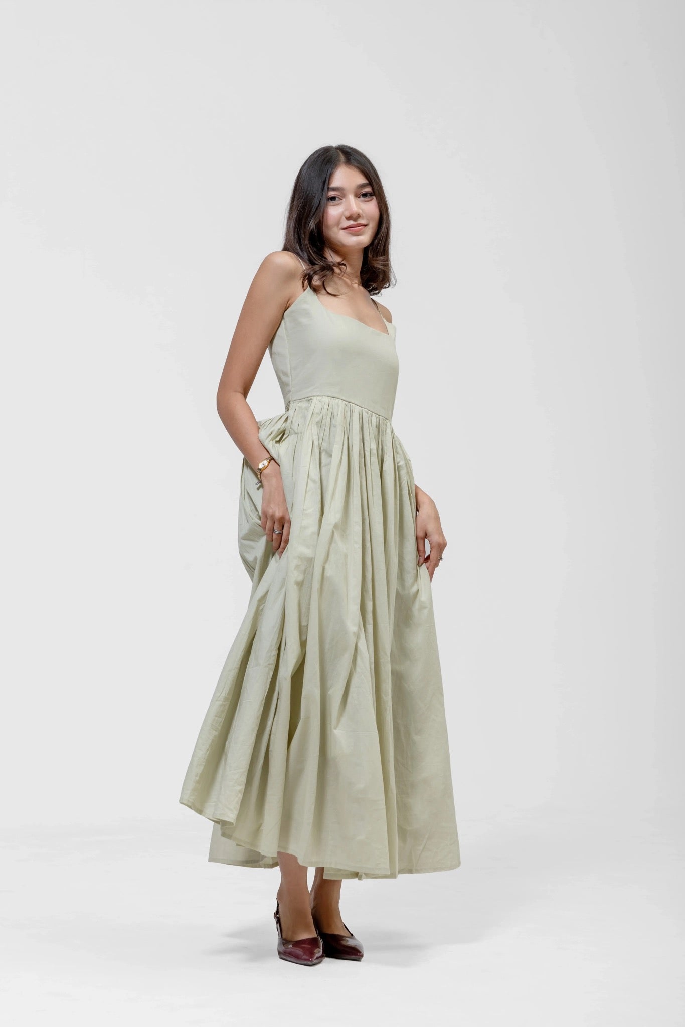PLEATED MAXI GOWN – Side View | QISSEY Women's Dresses