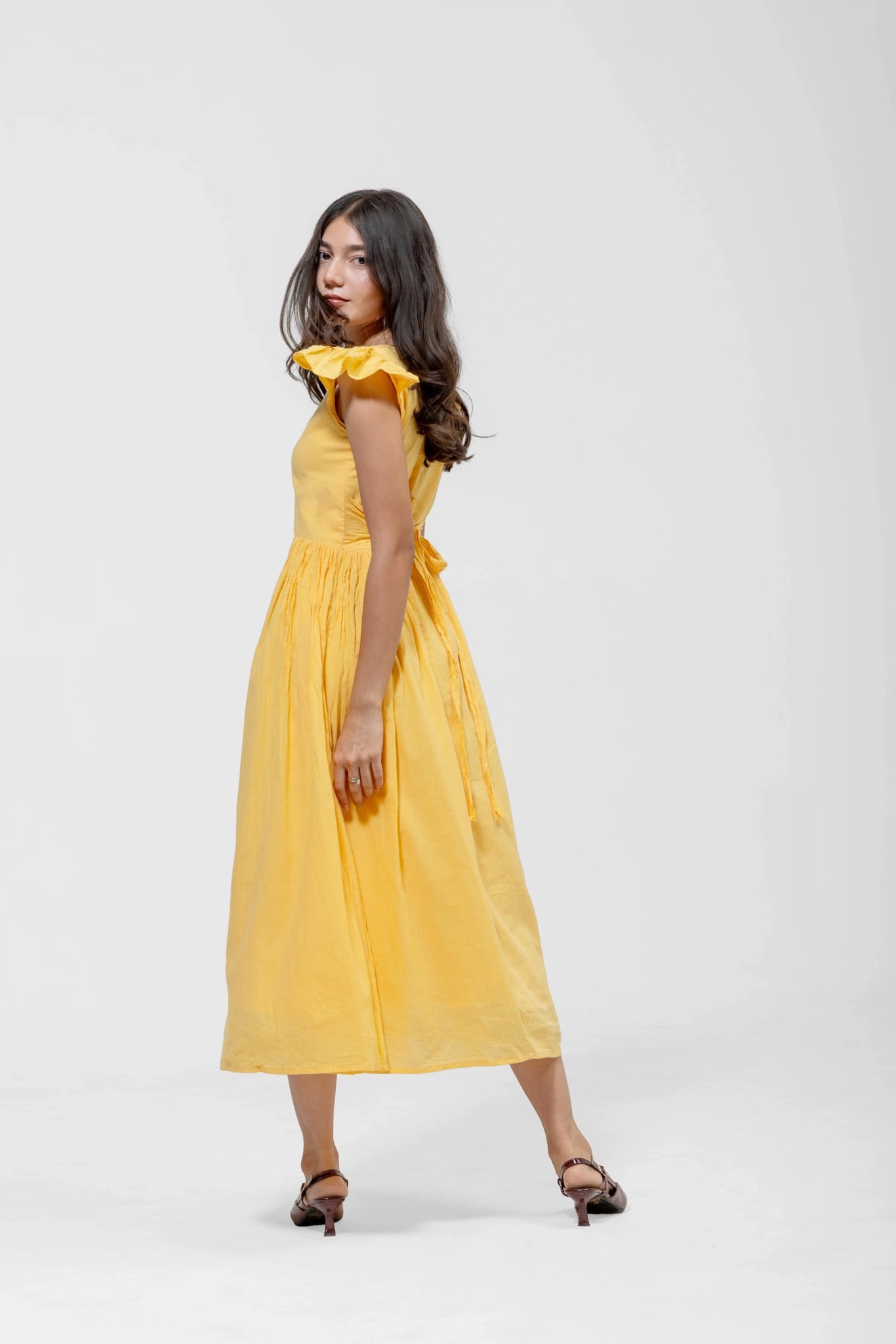 RUFFLED SQUARE MIDI – Detail View | QISSEY Women's Dresses